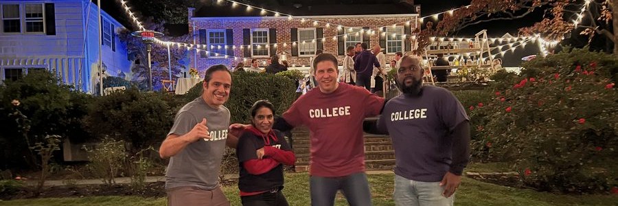 Band in College shirts at backyard party